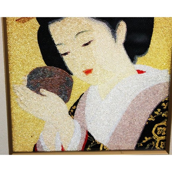 Japanese Geisha Beaded Print Picture Matted Framed Glass Shimmers Japan 19 x 16" - Picture 5 of 10